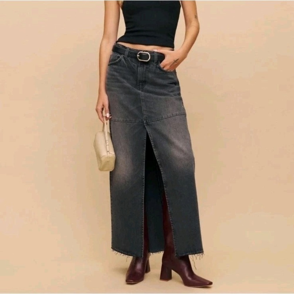 Reformation Skirt Tazz Denim Maxi Center Slit Sz 29 Washed Black Raw Hem NWT